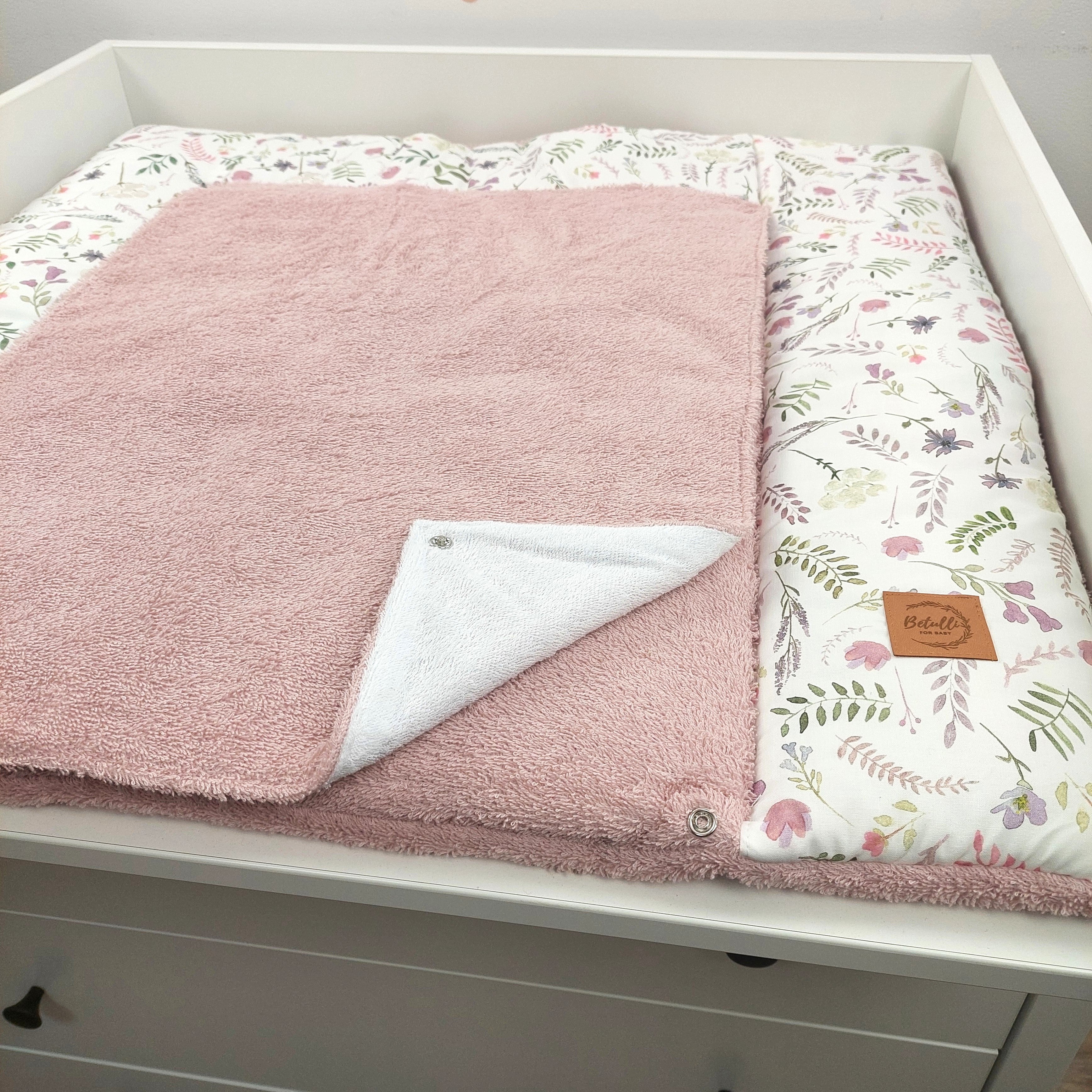 Wickelauflage mit wasserdichte abknöpfbare Auflage mit Druckknöpfen Blumen Puderrosa Frottee