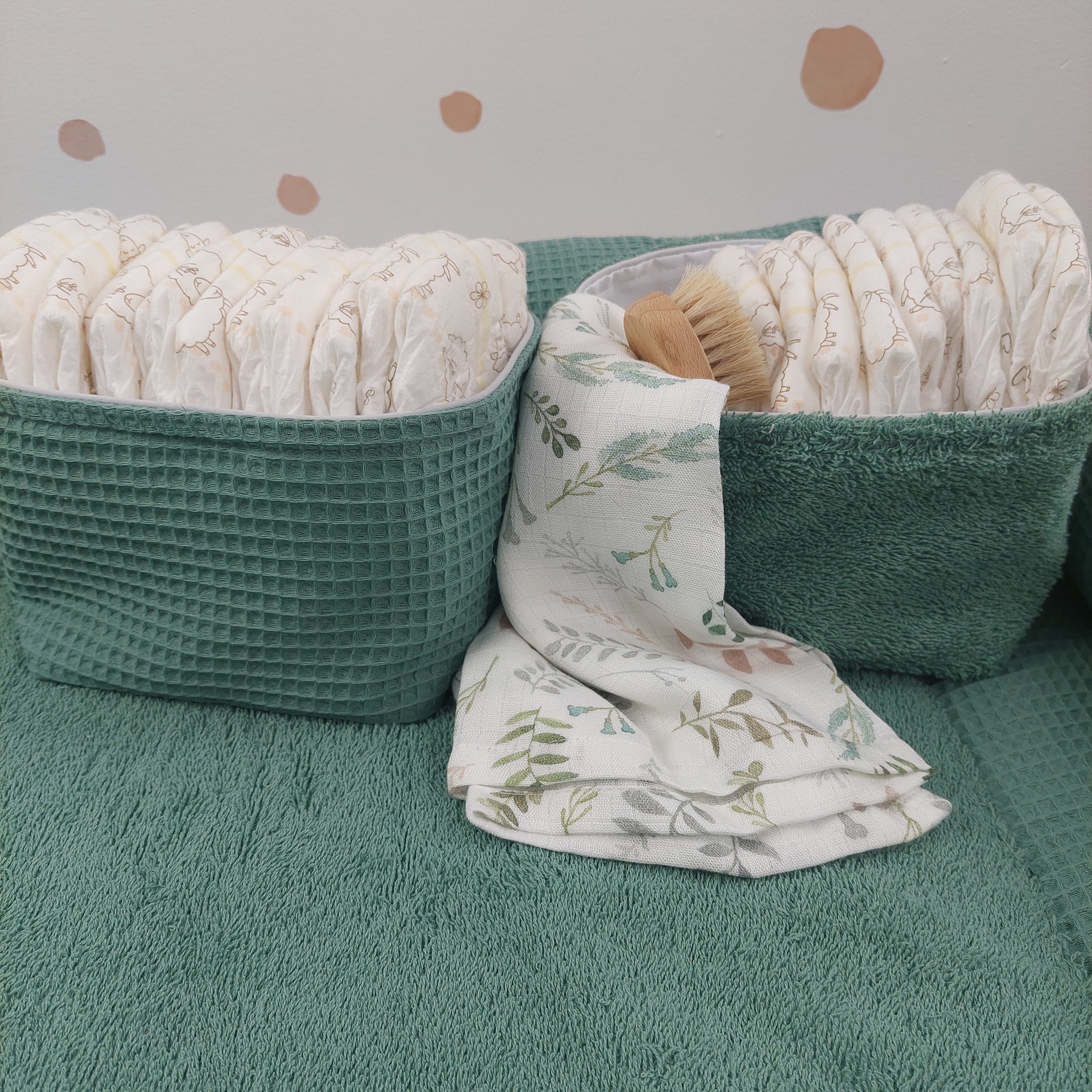 Wickelauflage mit wasserdichte abknöpfbare Auflage mit Druckknöpfen Altgrün Frotte und Waffel