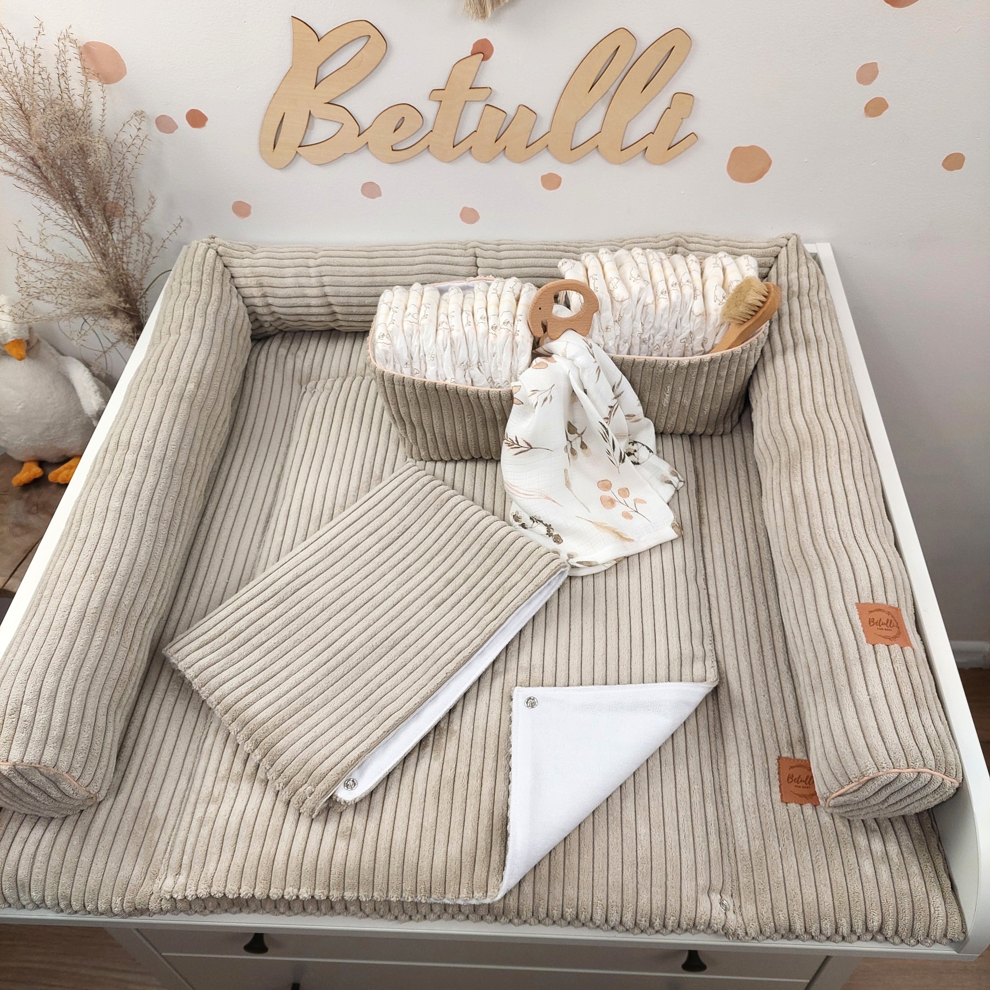 Cord Wickelauflage Sandbeige mit abnehmbarer wasserdichter Auflage mit Druckknöpfen
