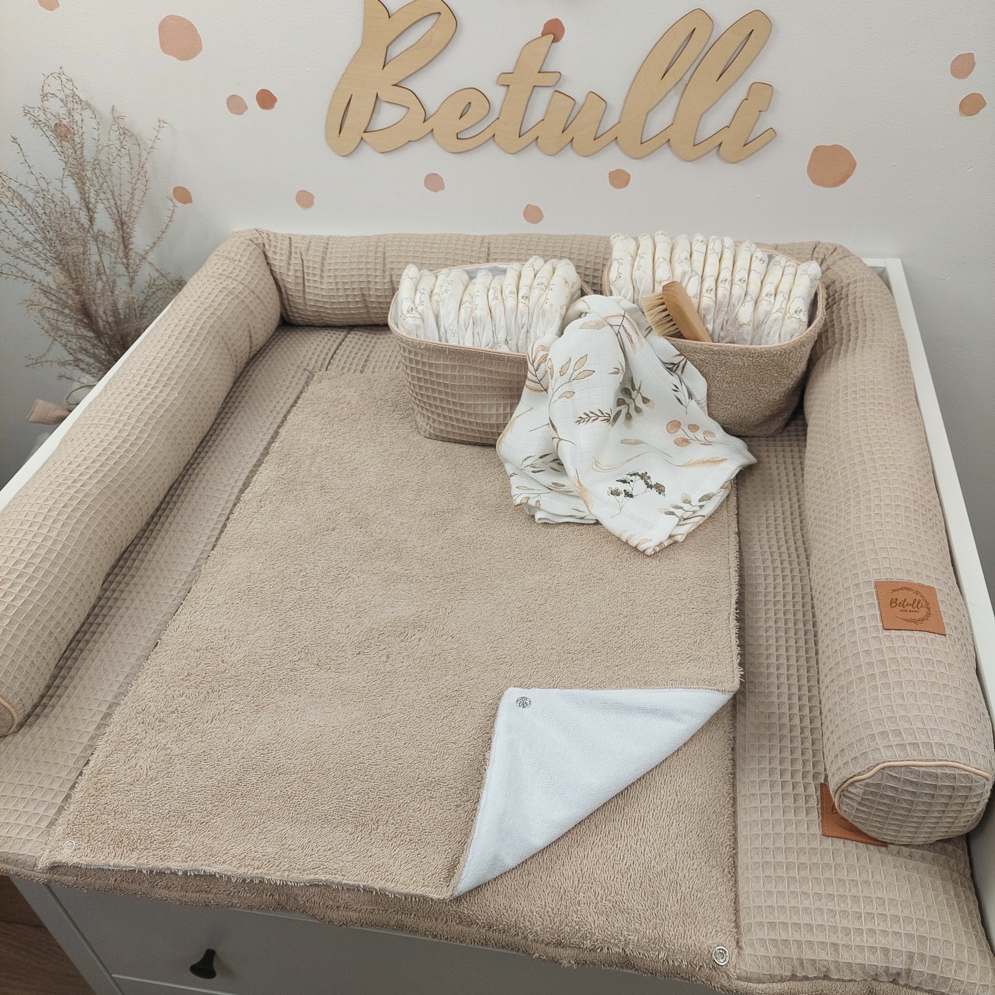 Wickelauflage mit wasserdichte abknöpfbare Auflage mit Druckknöpfen Hellbeige Frottee und Waffel