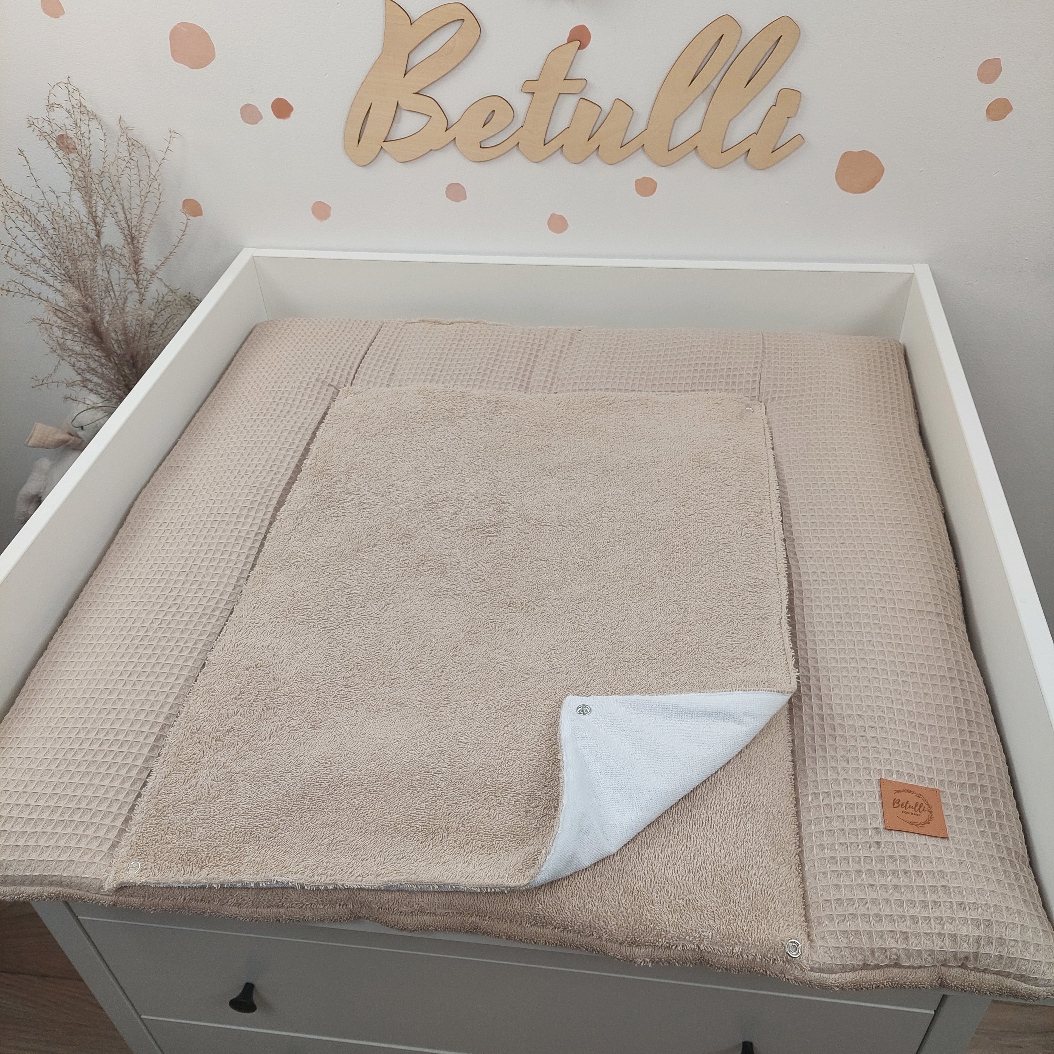 Wickelauflage mit wasserdichte abknöpfbare Auflage mit Druckknöpfen Hellbeige Frottee und Waffel